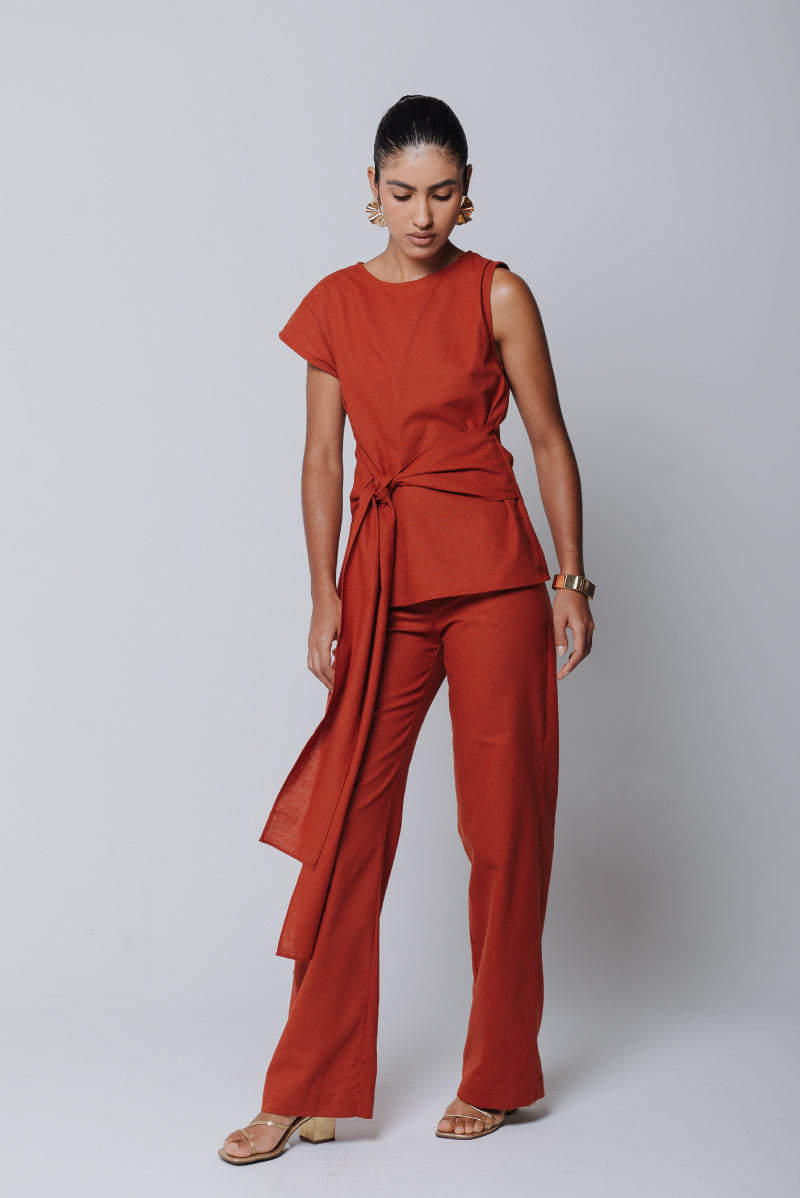 Calça Pantalona Adélia Linho Vermelho Terra