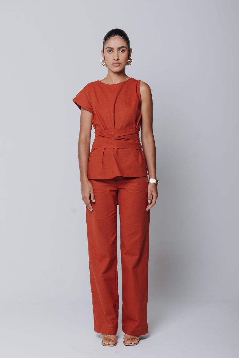 Calça Pantalona Adélia Linho Vermelho Terra
