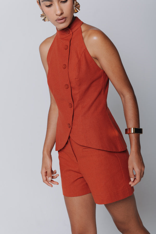Colete Luisa Linho Vermelho Terra