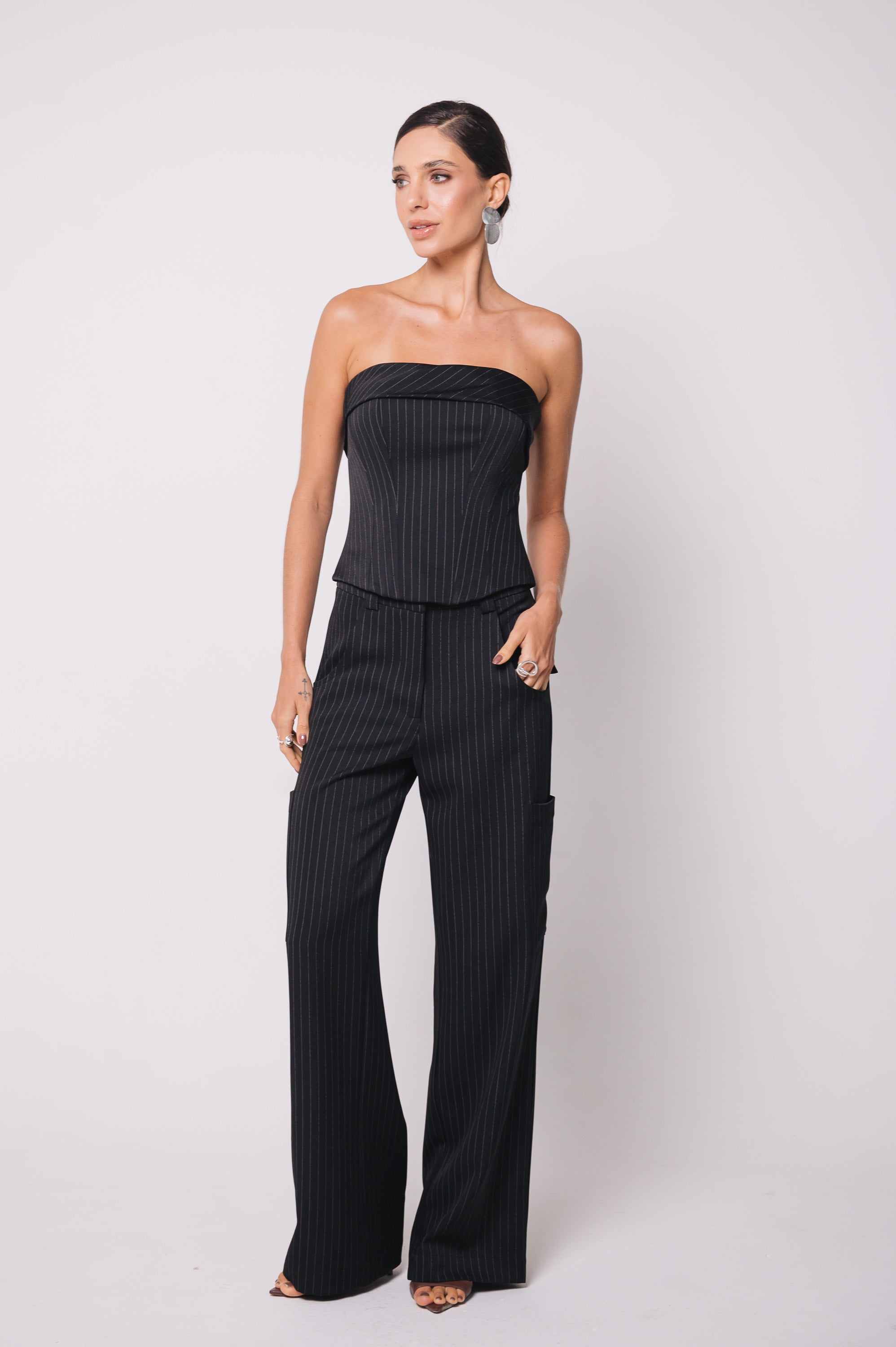 Corselet Alfaiataria Cristal Risca de Giz Preto Ällie