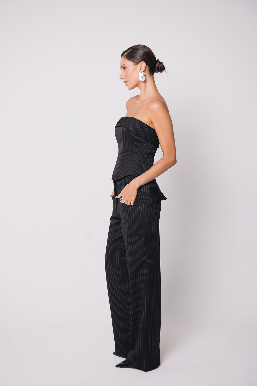 Corselet Alfaiataria Cristal Risca de Giz Preto Ällie