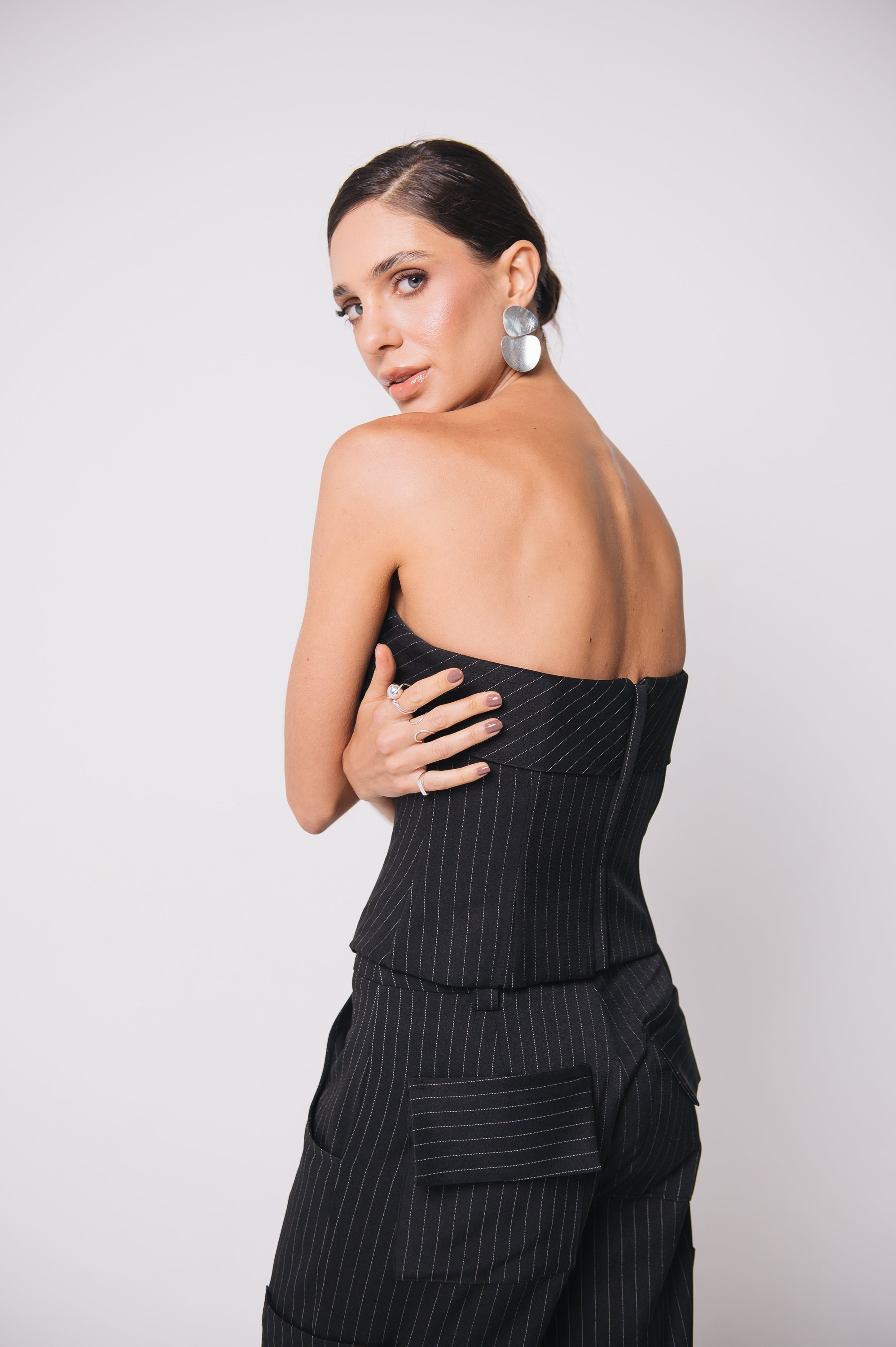 Corselet Alfaiataria Cristal Risca de Giz Preto Ällie