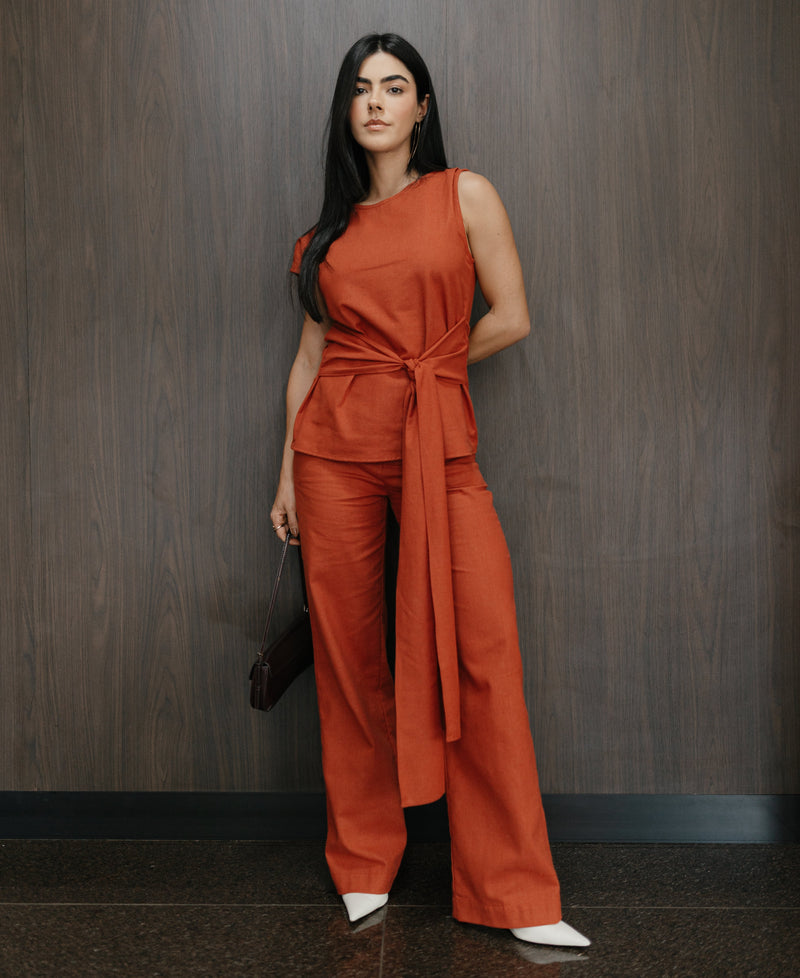 Calça Pantalona Adélia Linho Vermelho Terra - foto adicional 2