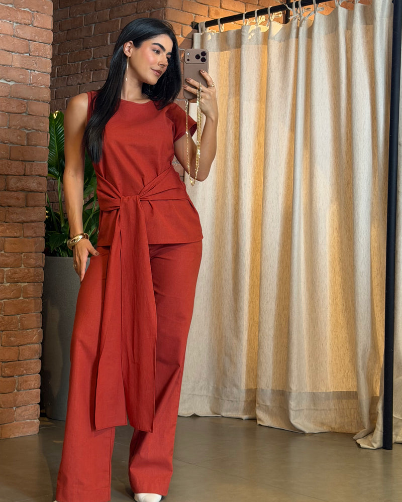 Calça Pantalona Adélia Linho Vermelho Terra - foto adicional 1