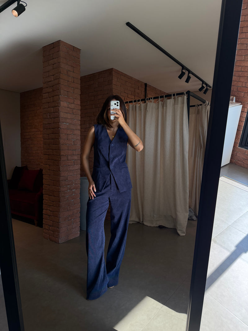 Calça Pantalona Veludo Adélia Azul Marinho Ällie - foto adicional 1