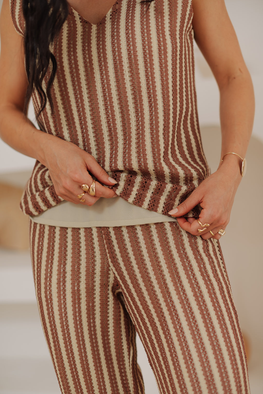 Calça Tricot Listrado Michelle Marrom Saphir