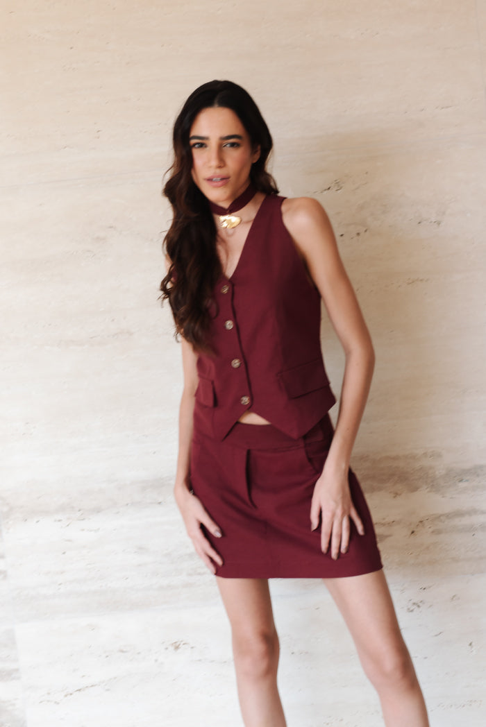 Short Saia Linho Alana Bordô