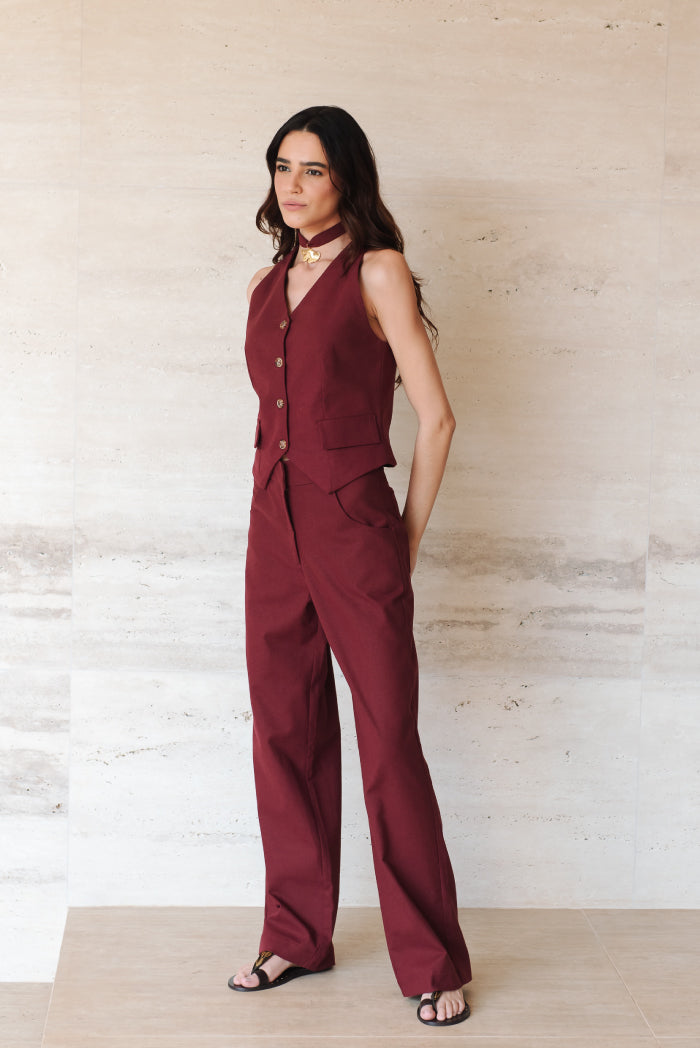 Calça Pantalona Adélia Linho Bordô