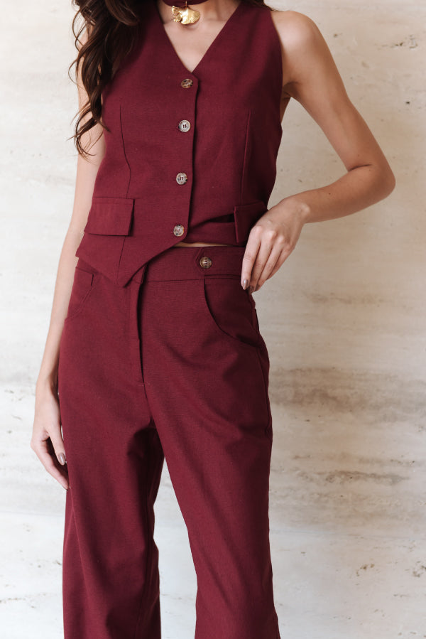 Calça Pantalona Adélia Linho Bordô