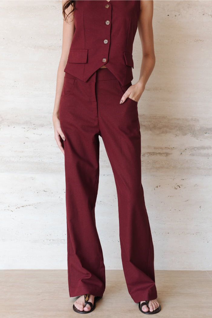 Calça Pantalona Adélia Linho Bordô