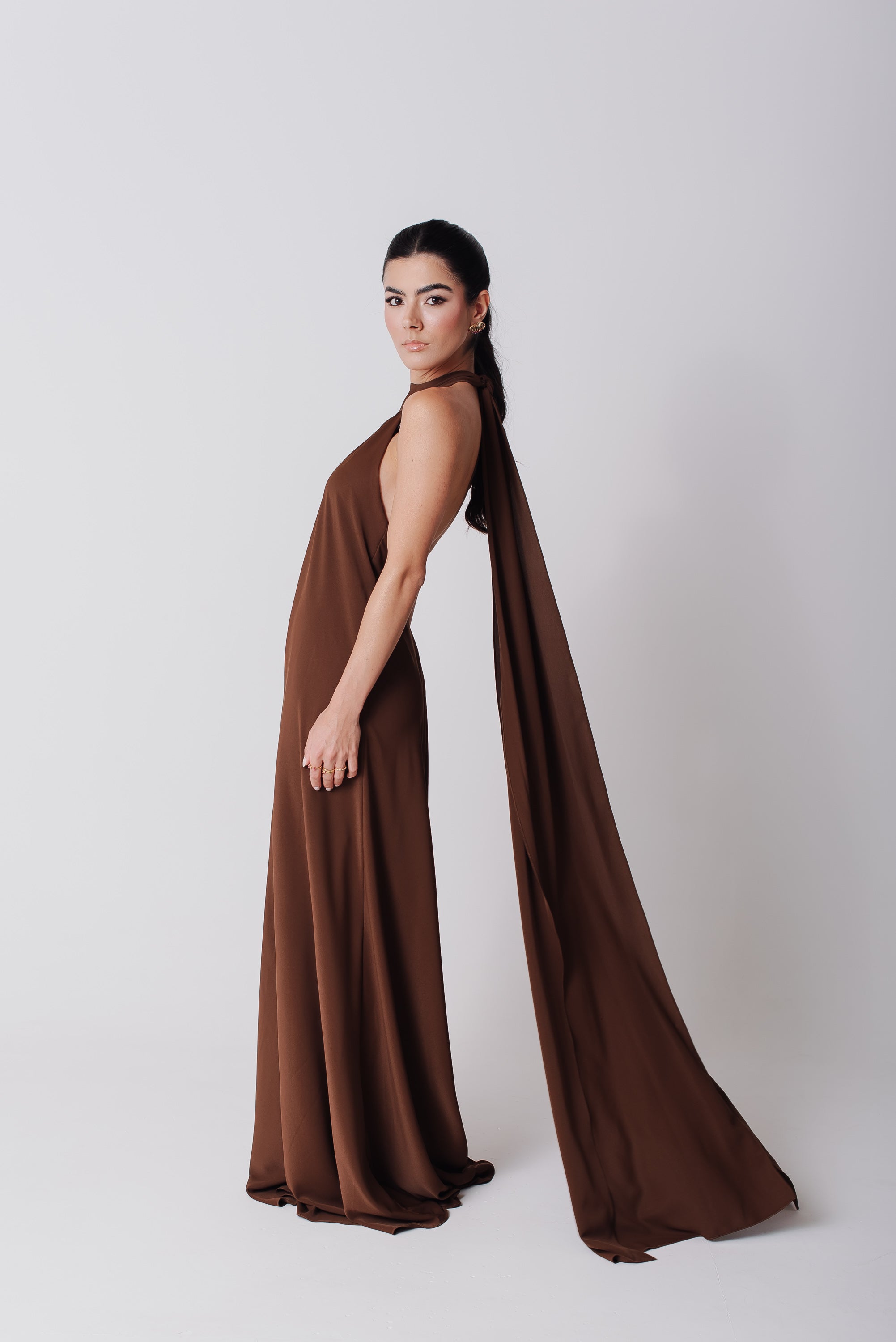 Vestido Frente Única Longo Mariana Marrom Saphir