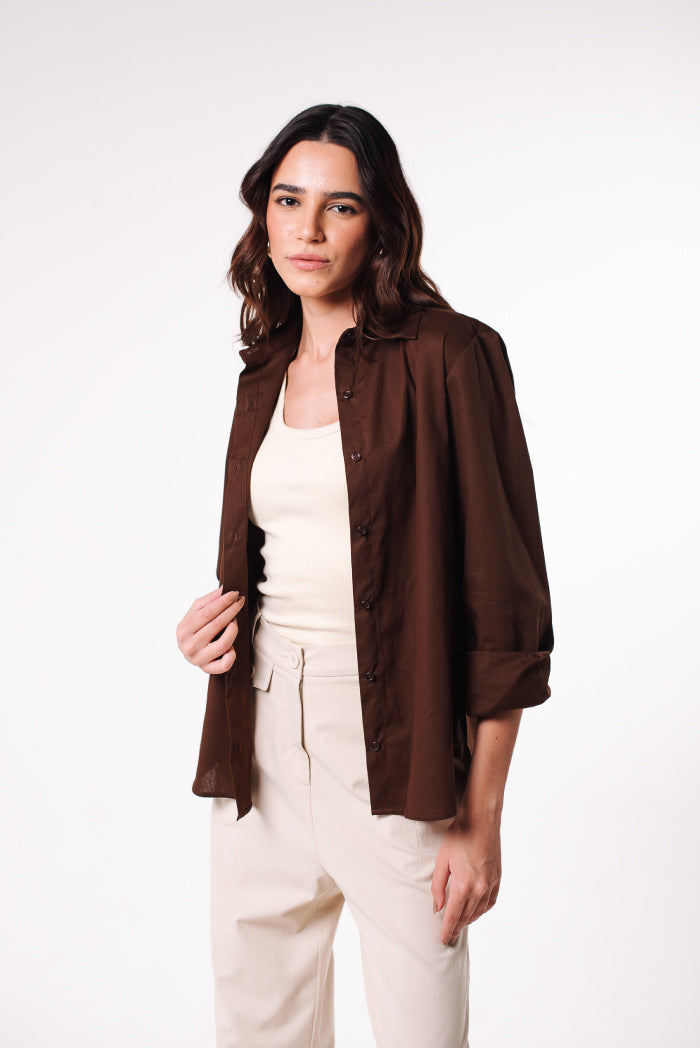 Camisa Tricoline Maria Marrom Café