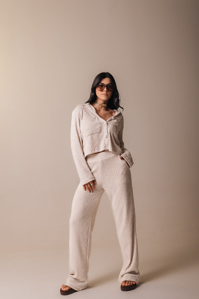 Calça Pantalona Tricot Michelle Areia Ällie