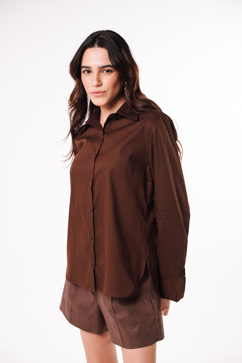 Camisa Tricoline Maria Marrom Café