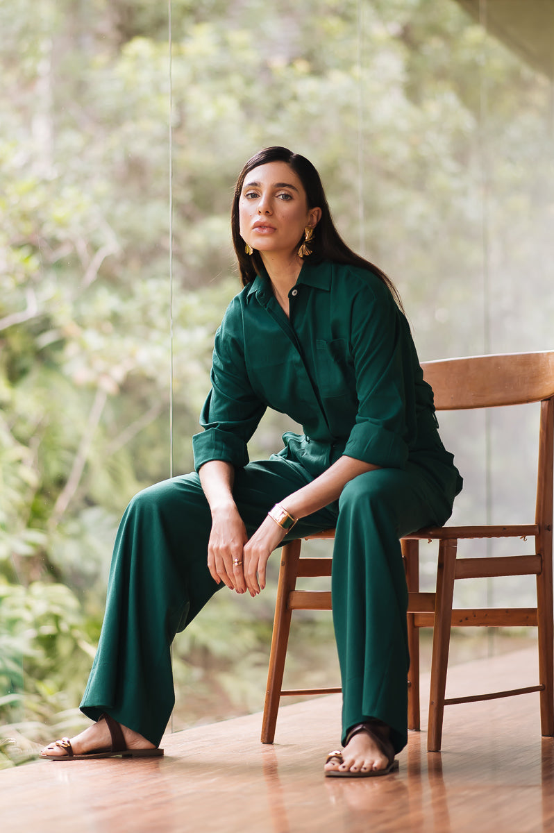 Calça Pantalona Linho Olívia Verde Escuro Saphir