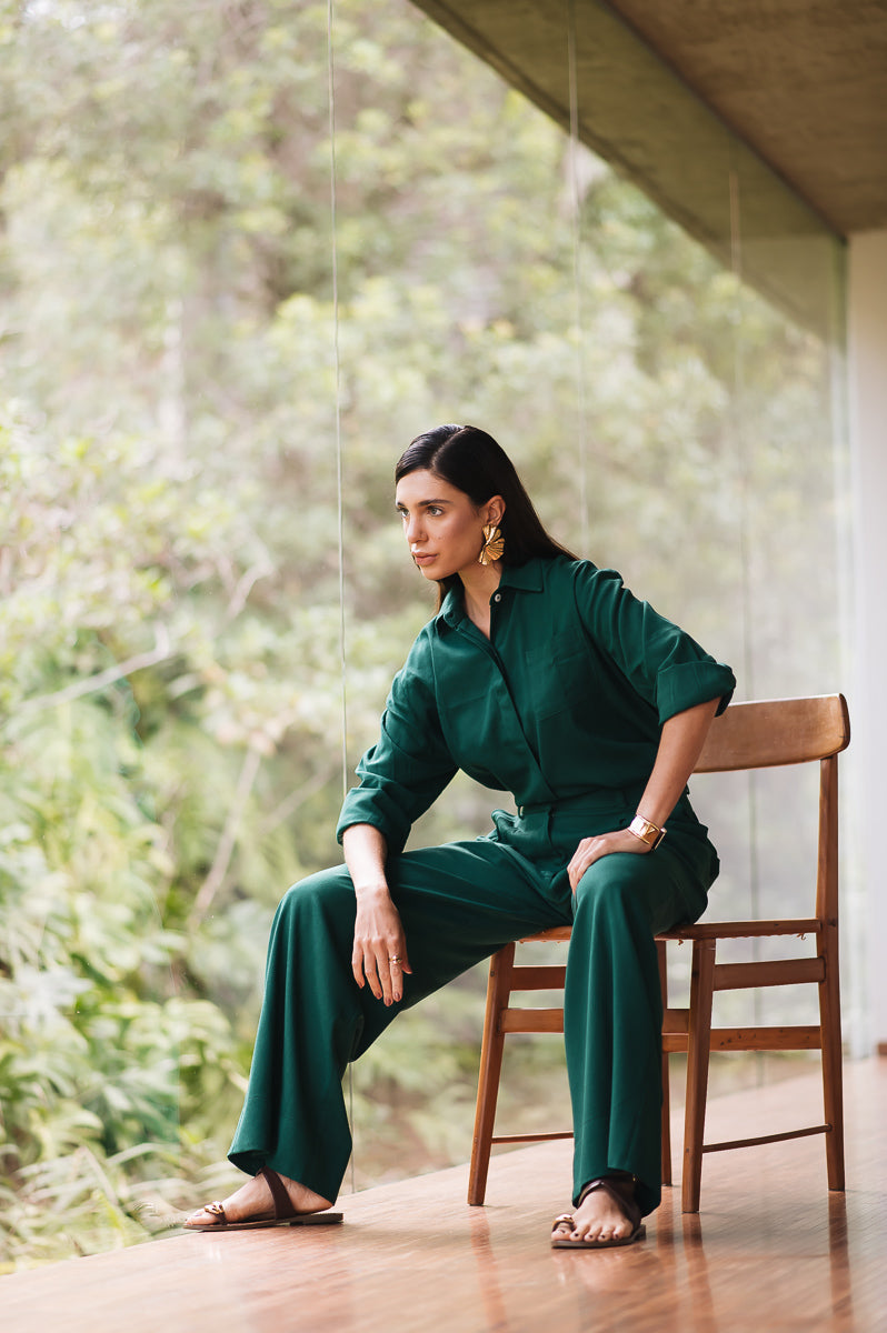 Calça Pantalona Linho Olívia Verde Escuro Saphir