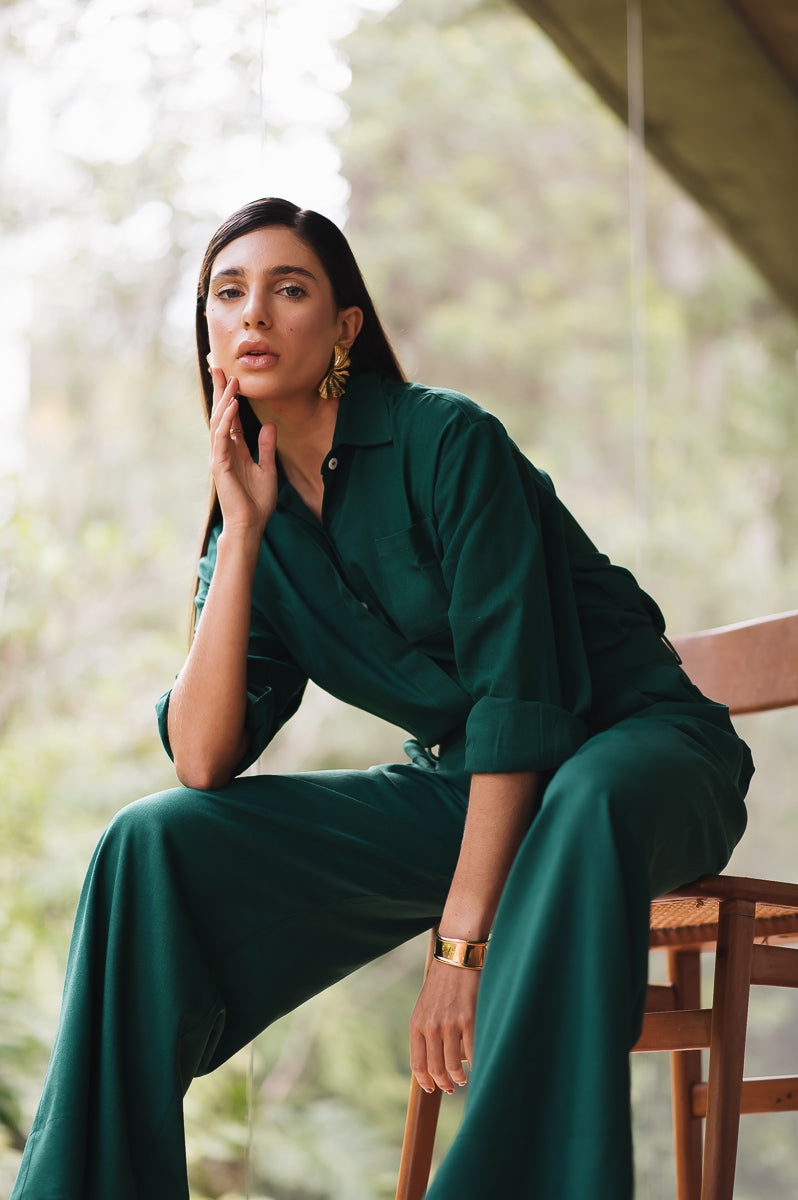 Calça Pantalona Linho Olívia Verde Escuro Saphir