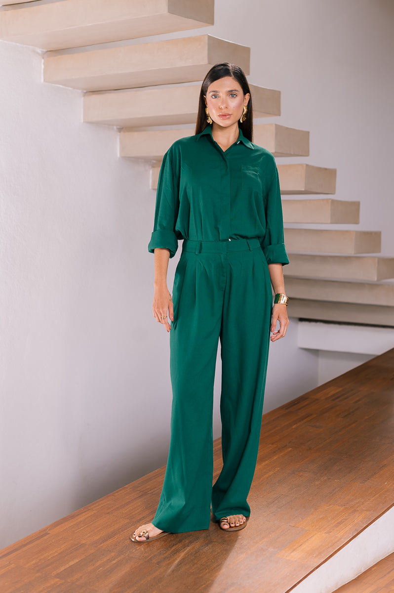 Calça Pantalona Linho Olívia Verde Escuro Saphir