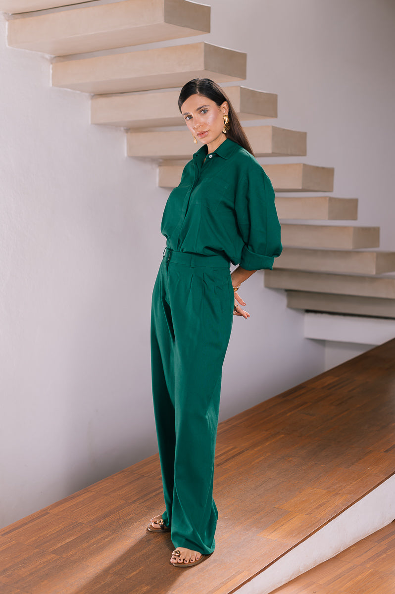 Calça Pantalona Linho Olívia Verde Escuro Saphir