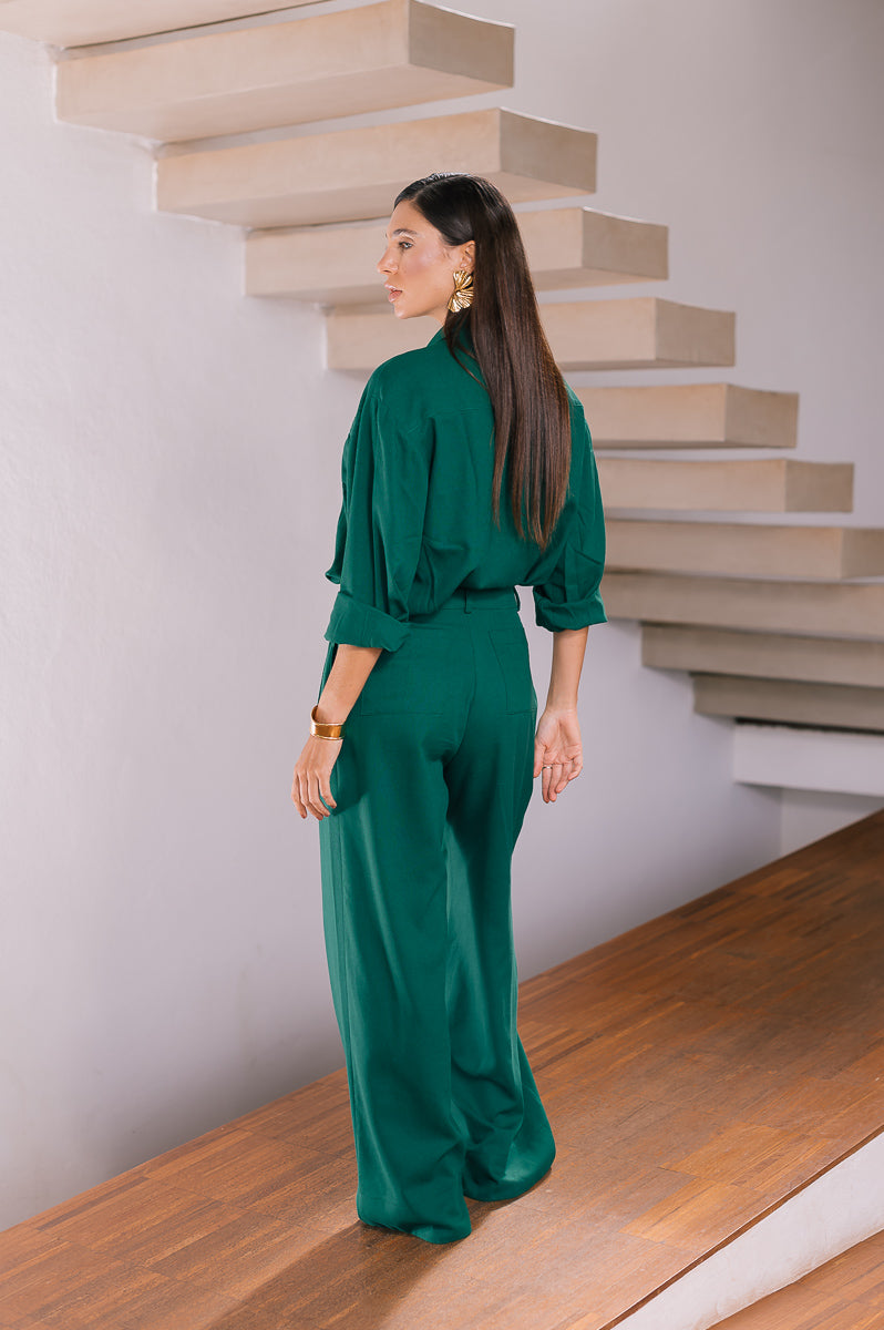Calça Pantalona Linho Olívia Verde Escuro Saphir