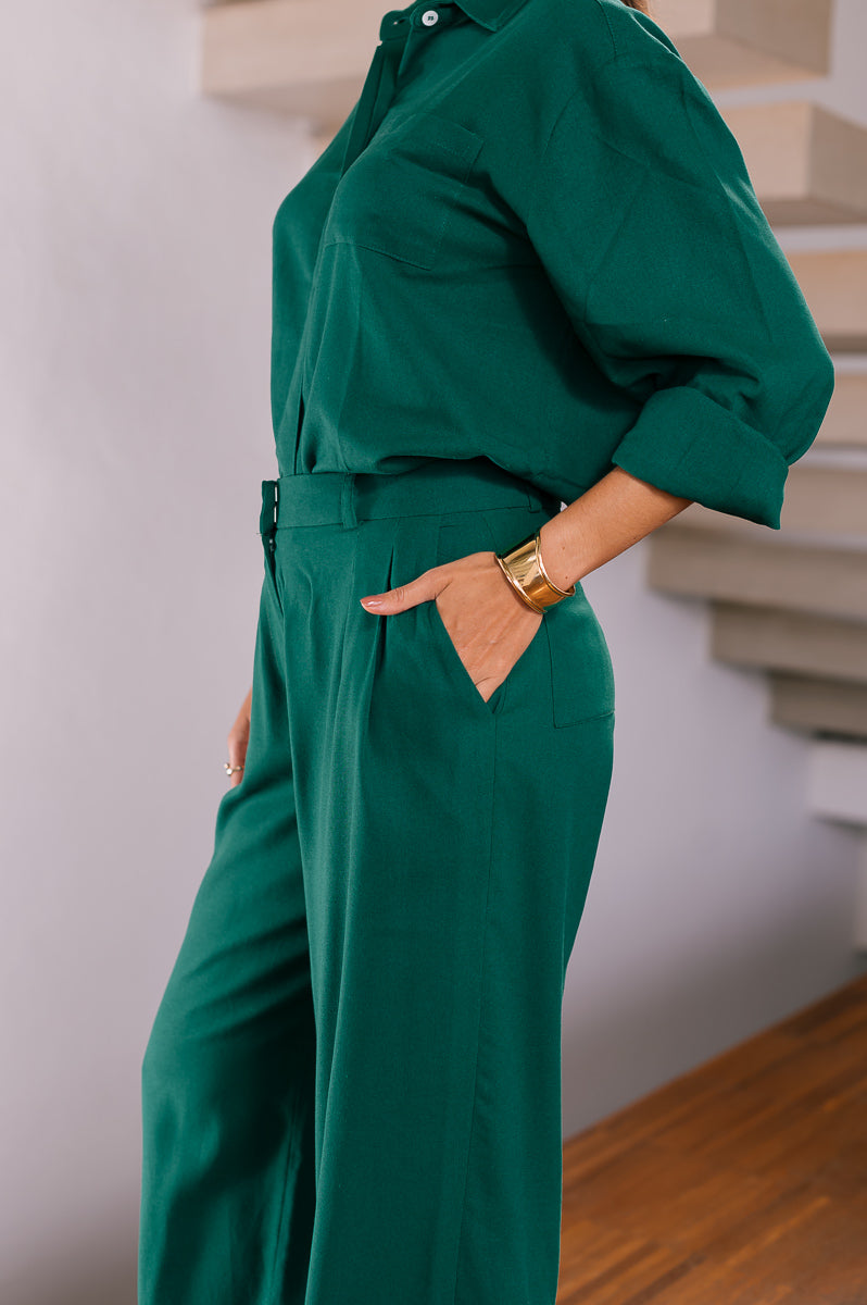 Calça Pantalona Linho Olívia Verde Escuro Saphir