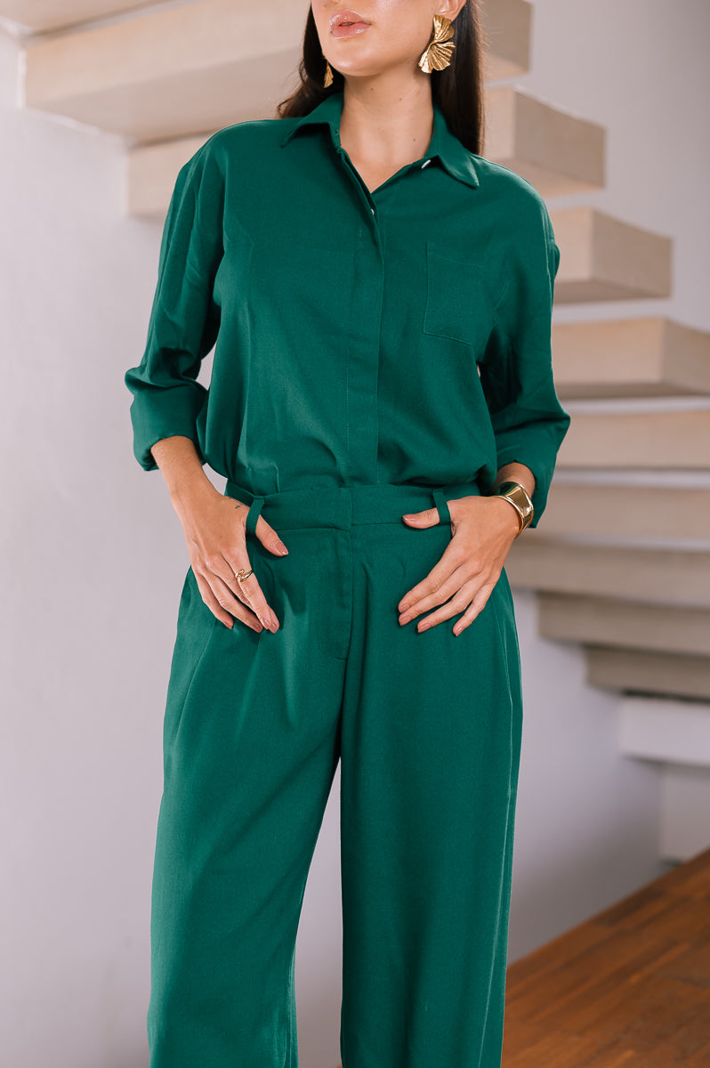 Calça Pantalona Linho Olívia Verde Escuro Saphir