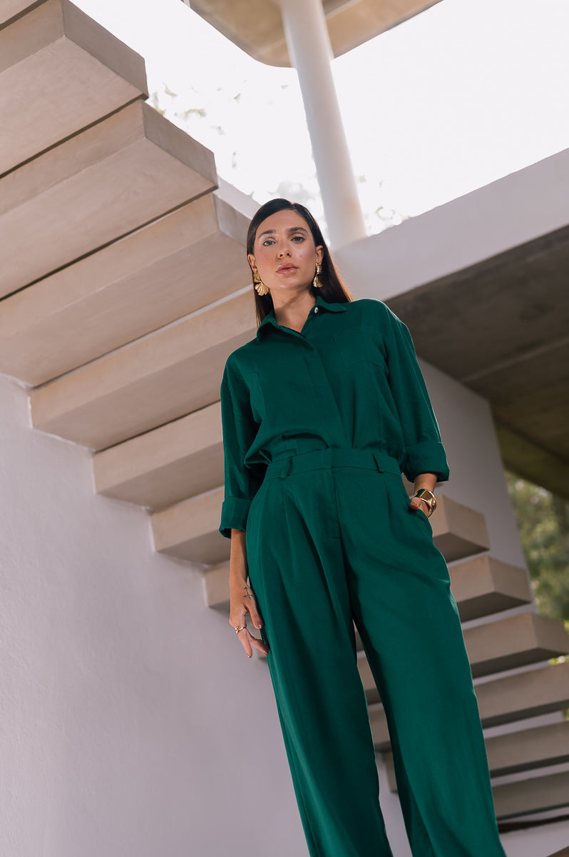 Calça Pantalona Linho Olívia Verde Escuro Saphir