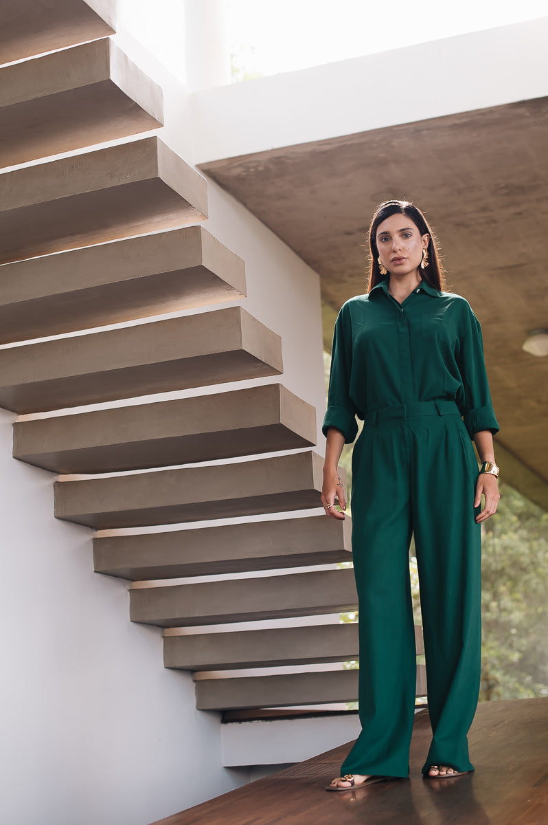 Calça Pantalona Linho Olívia Verde Escuro Saphir