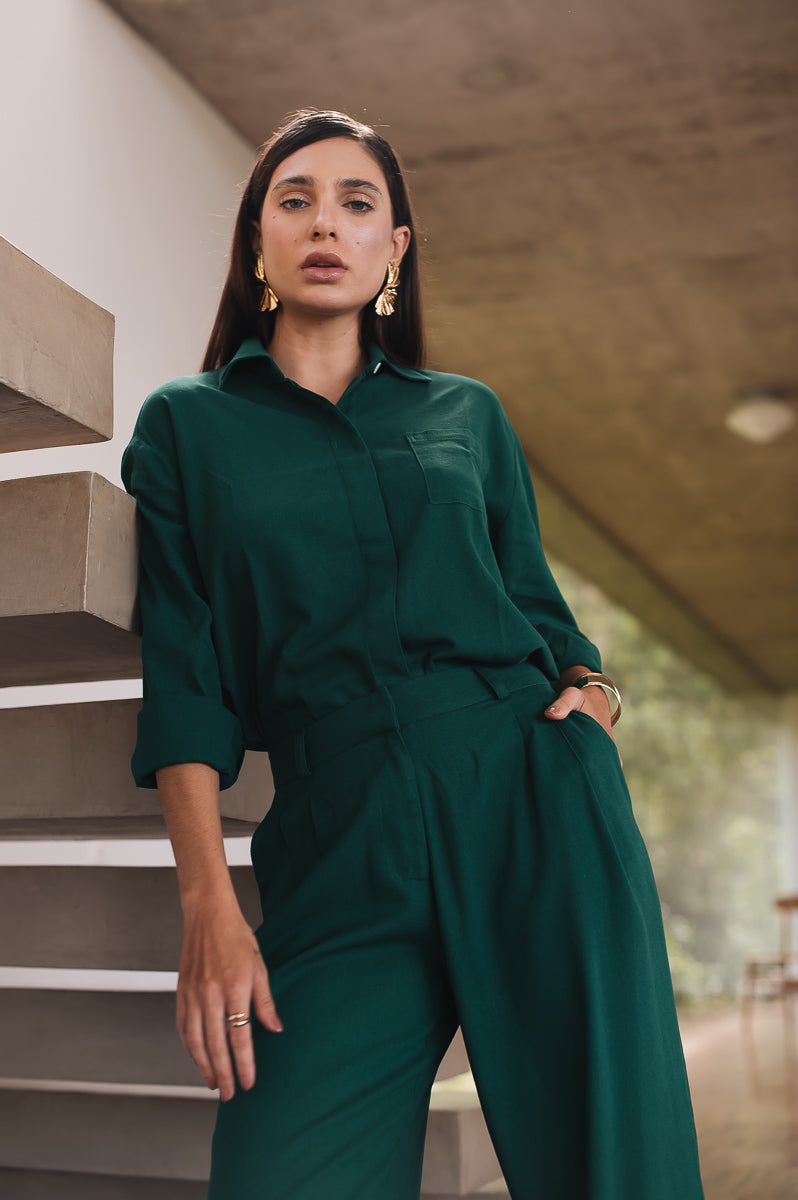 Calça Pantalona Linho Olívia Verde Escuro Saphir