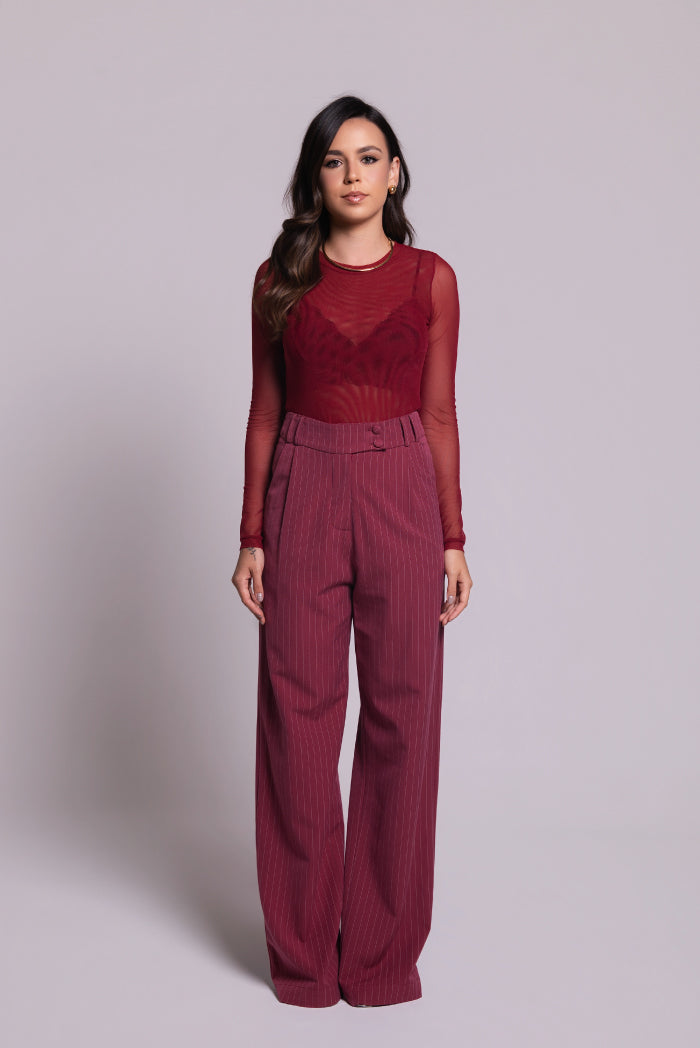 Calça Pantalona Cecília Risca de Giz Marsala