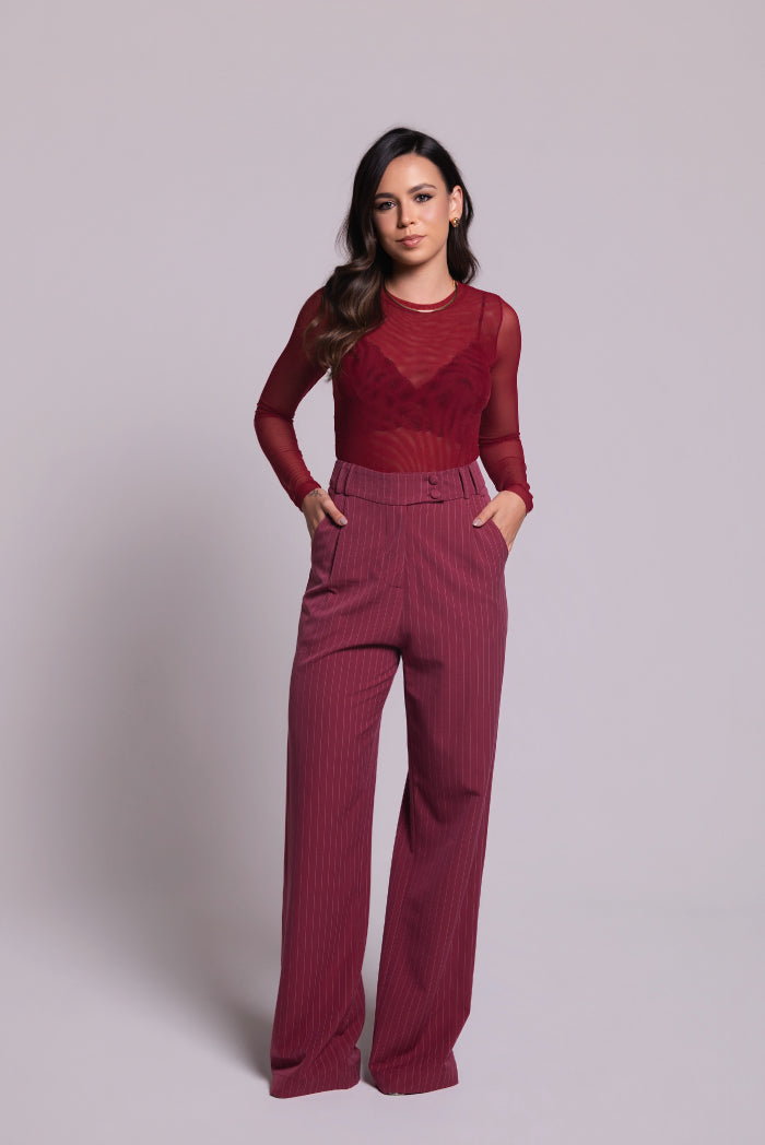 Calça Pantalona Cecília Risca de Giz Marsala