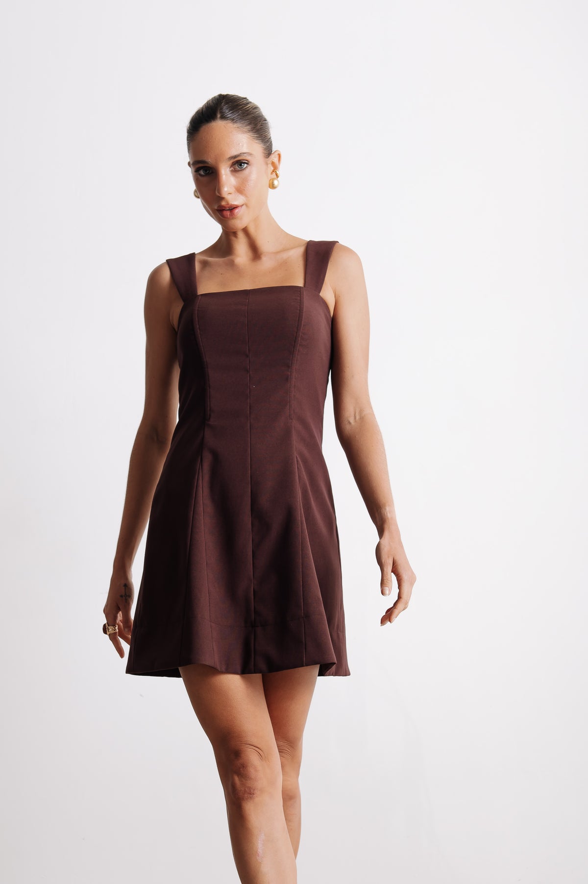 Vestido Evasê Alfaiataria Taliany Marrom Café Ällie