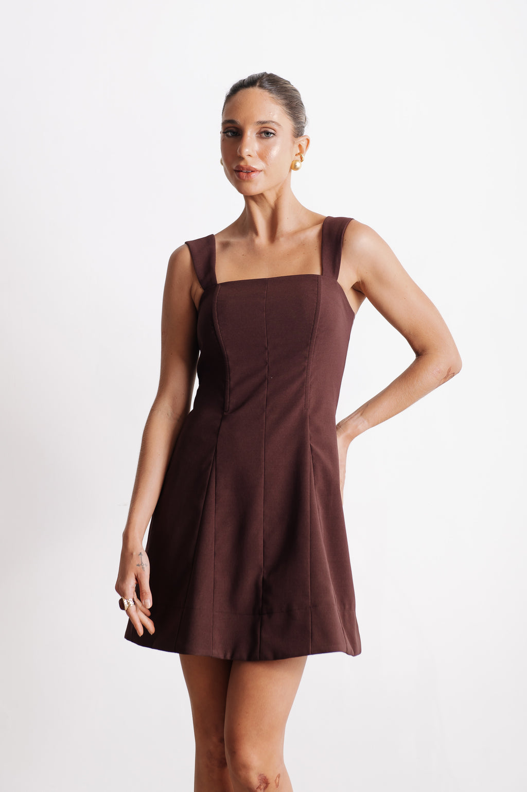Vestido Evasê Alfaiataria Taliany Marrom Café Ällie