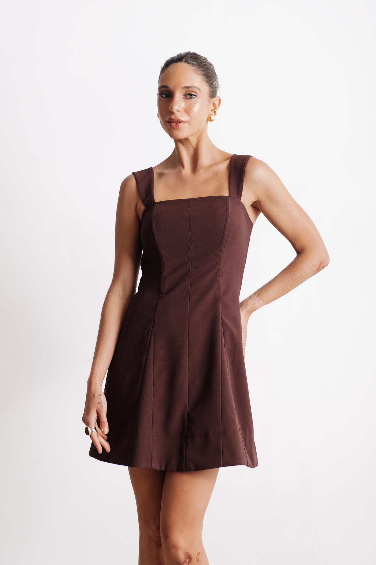 Vestido Evasê Alfaiataria Taliany Marrom Café Ällie