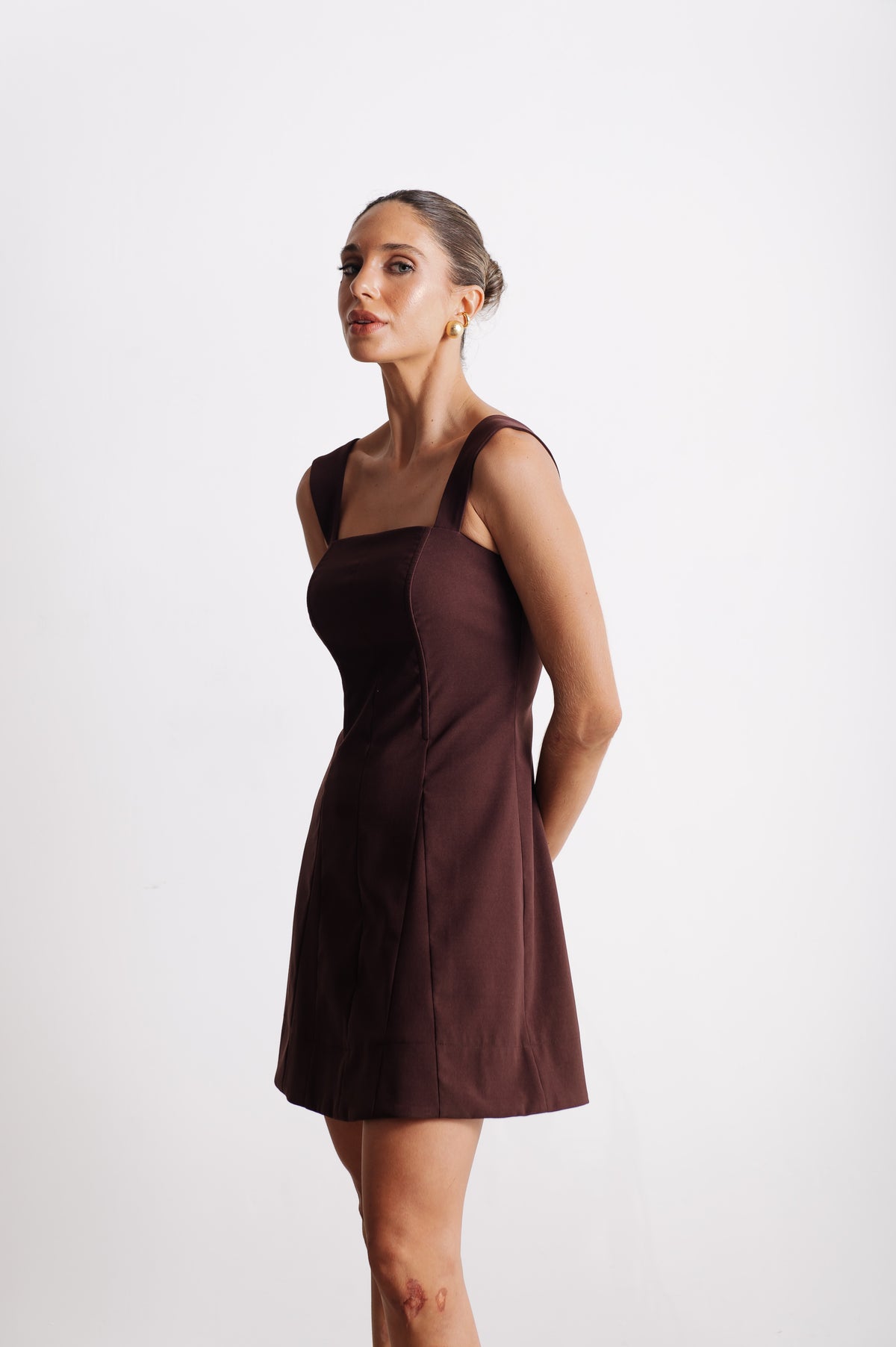 Vestido Evasê Alfaiataria Taliany Marrom Café Ällie