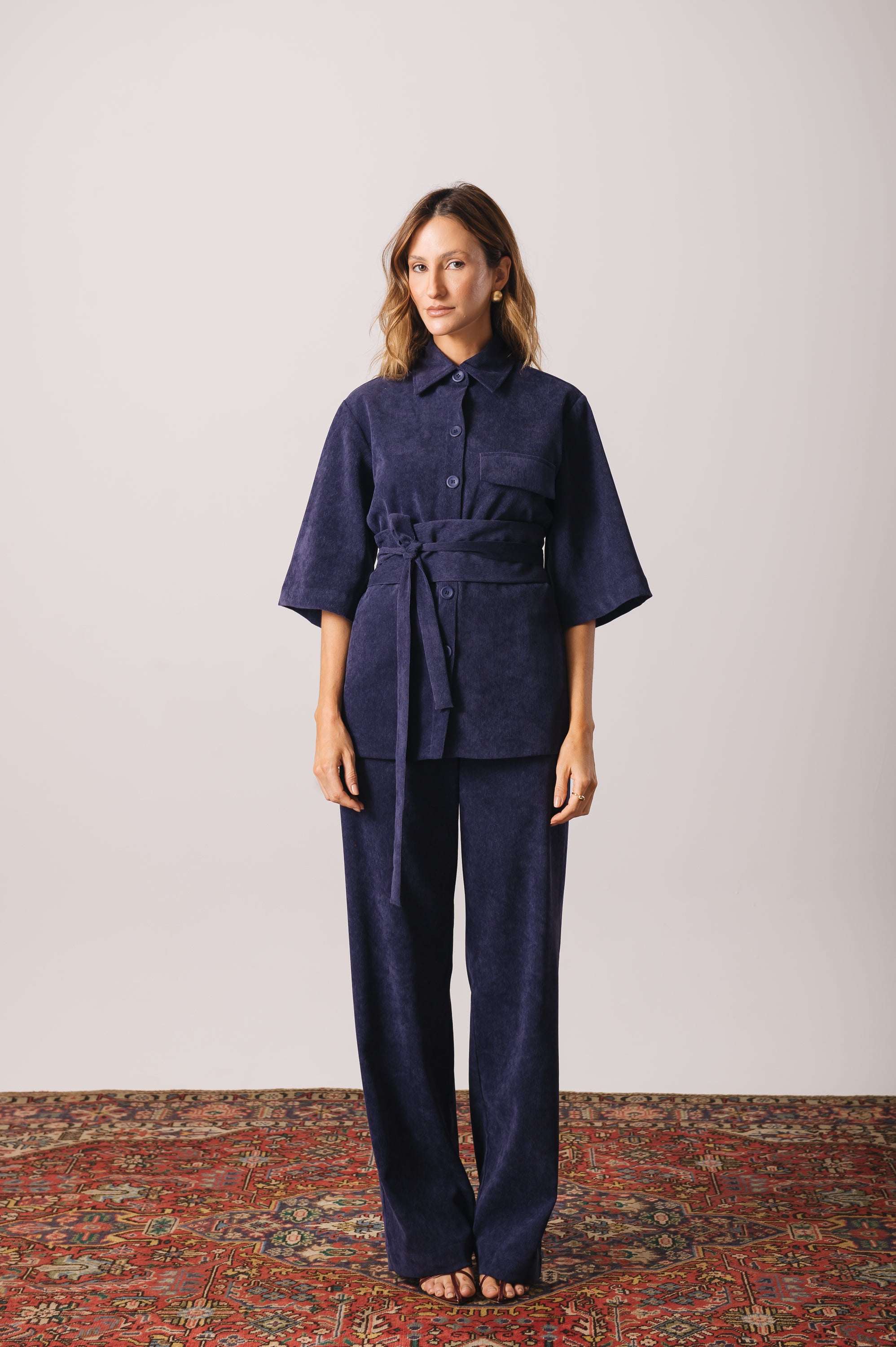 Calça Pantalona Veludo Adélia Azul Marinho Ällie