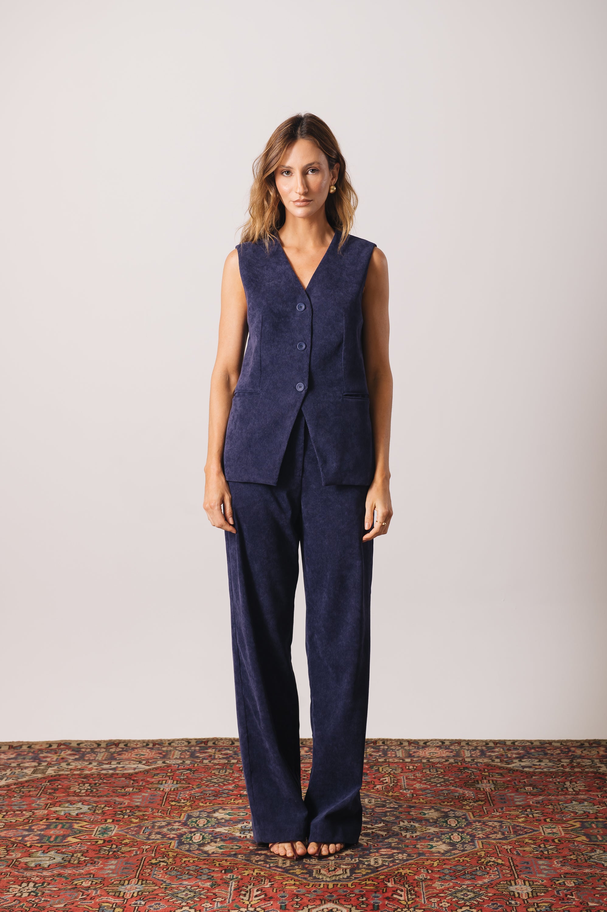 Calça Pantalona Veludo Adélia Azul Marinho Ällie