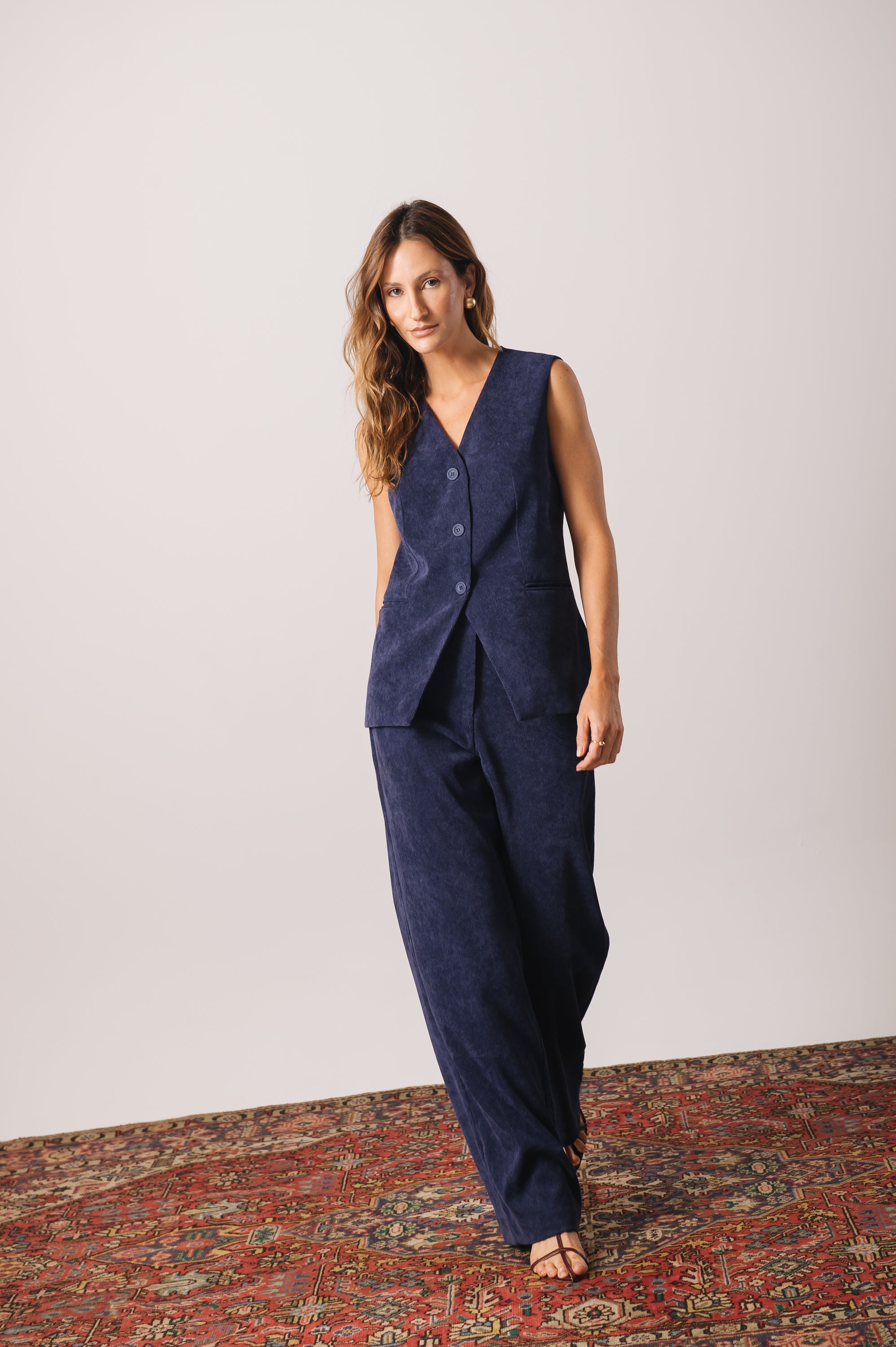 Calça Pantalona Veludo Adélia Azul Marinho Ällie