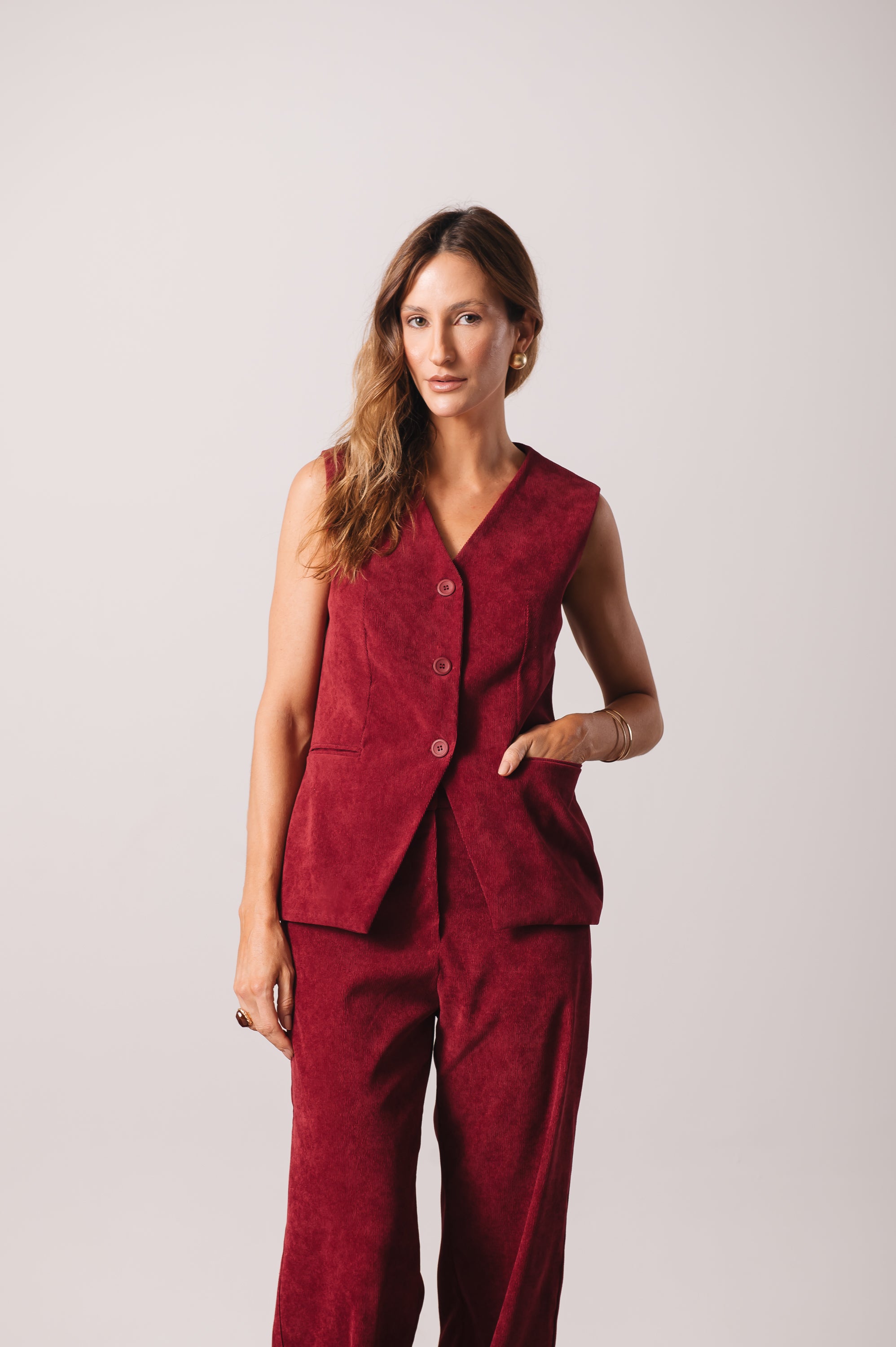 Calça Pantalona Veludo Adélia Marsala Ällie